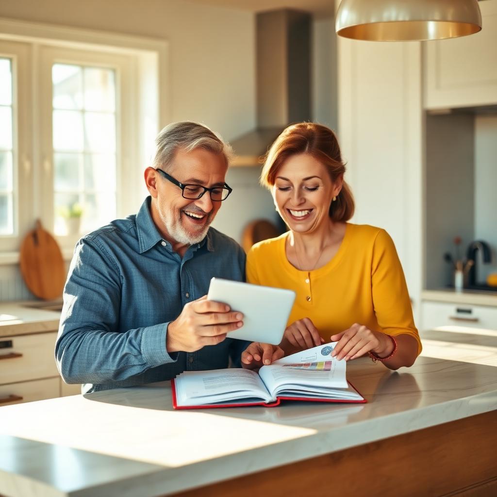 A smiling couple reviewing their household budget at a kitchen island.