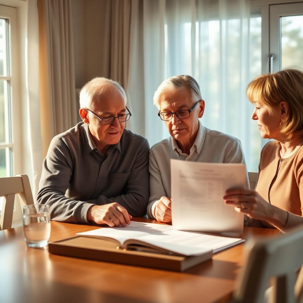 A mature couple reviewing an Indexed Universal Life policy at a sunlit table.