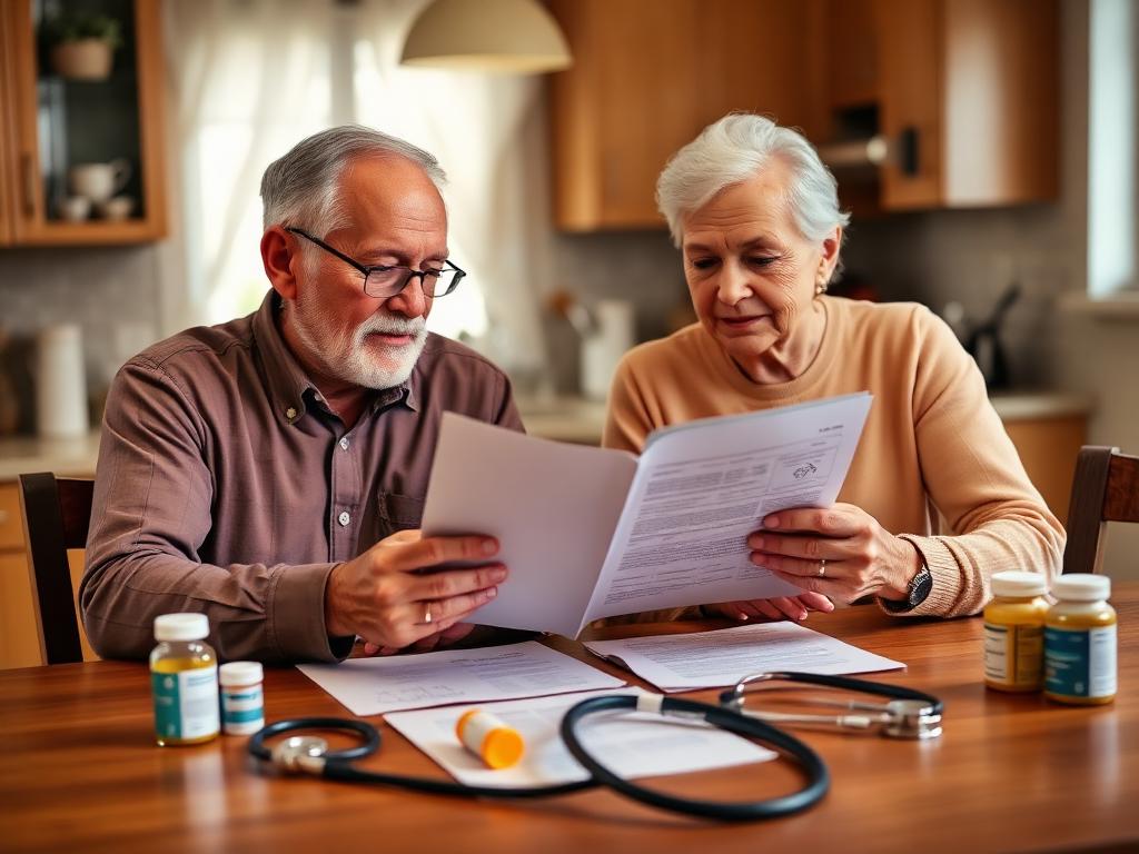 A senior couple reviewing Medicare options at home.