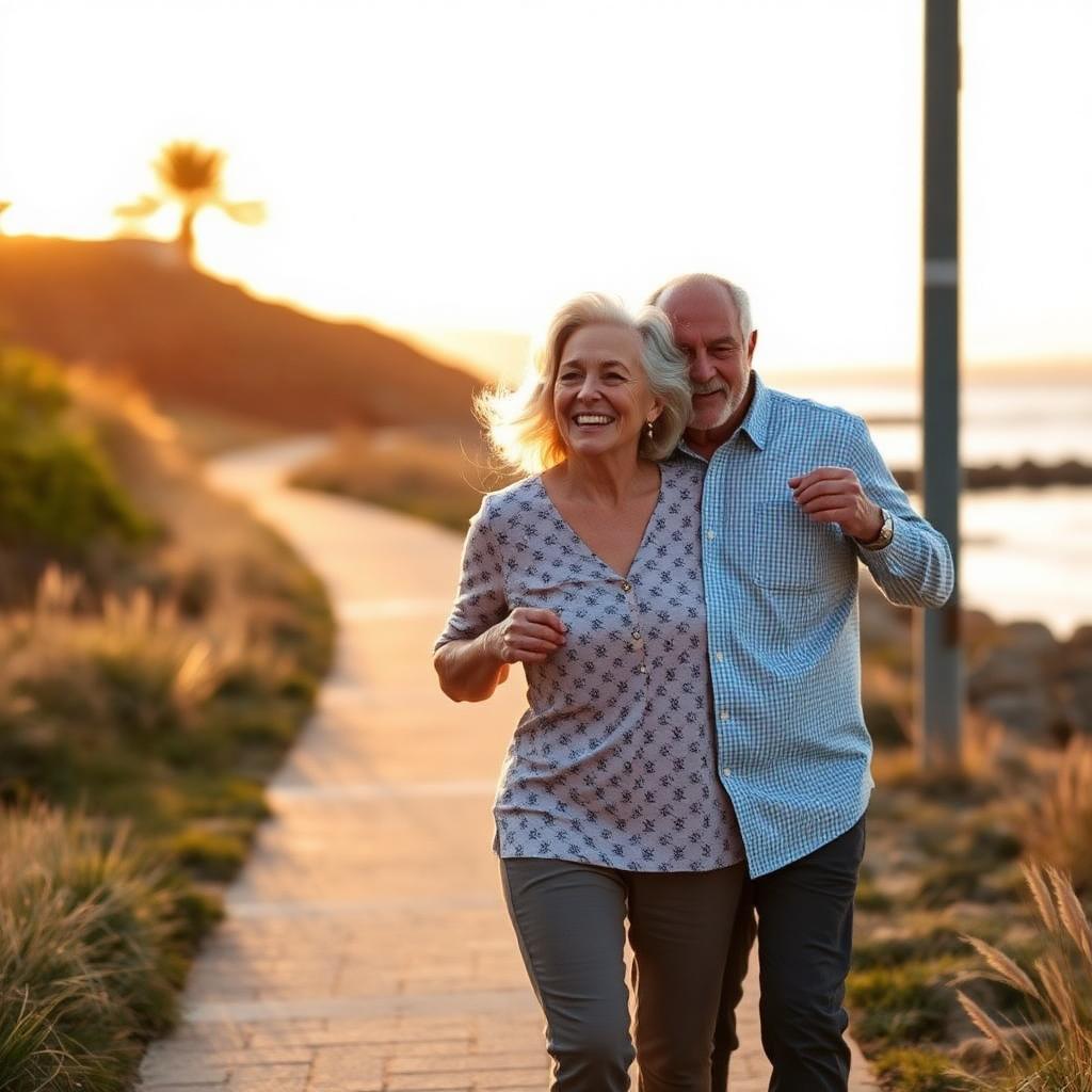 A happy retired couple walking together along a coastal path at sunset.