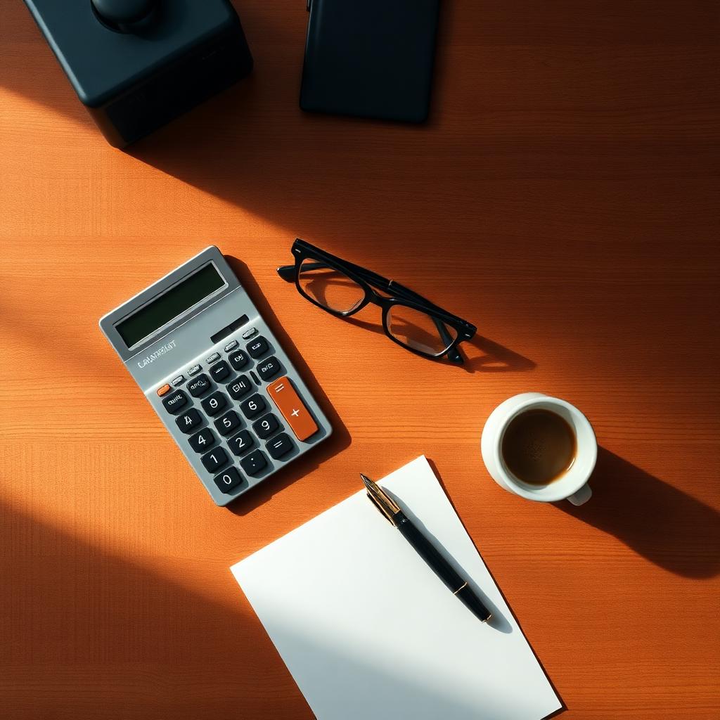 An organized desk with a calculator, pen, and reading glasses.